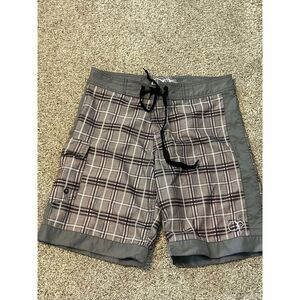 Op Ocean Pacific Board Shorts Adult Medium 32 Gray Plaid Drawstring Cargo Pocket